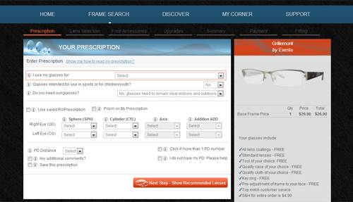 step 2 enter glasses prescription