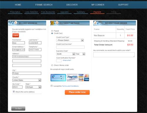 page de paiement de Visio-Rx