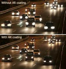 traffic at night with and without antireflective coating on glasses